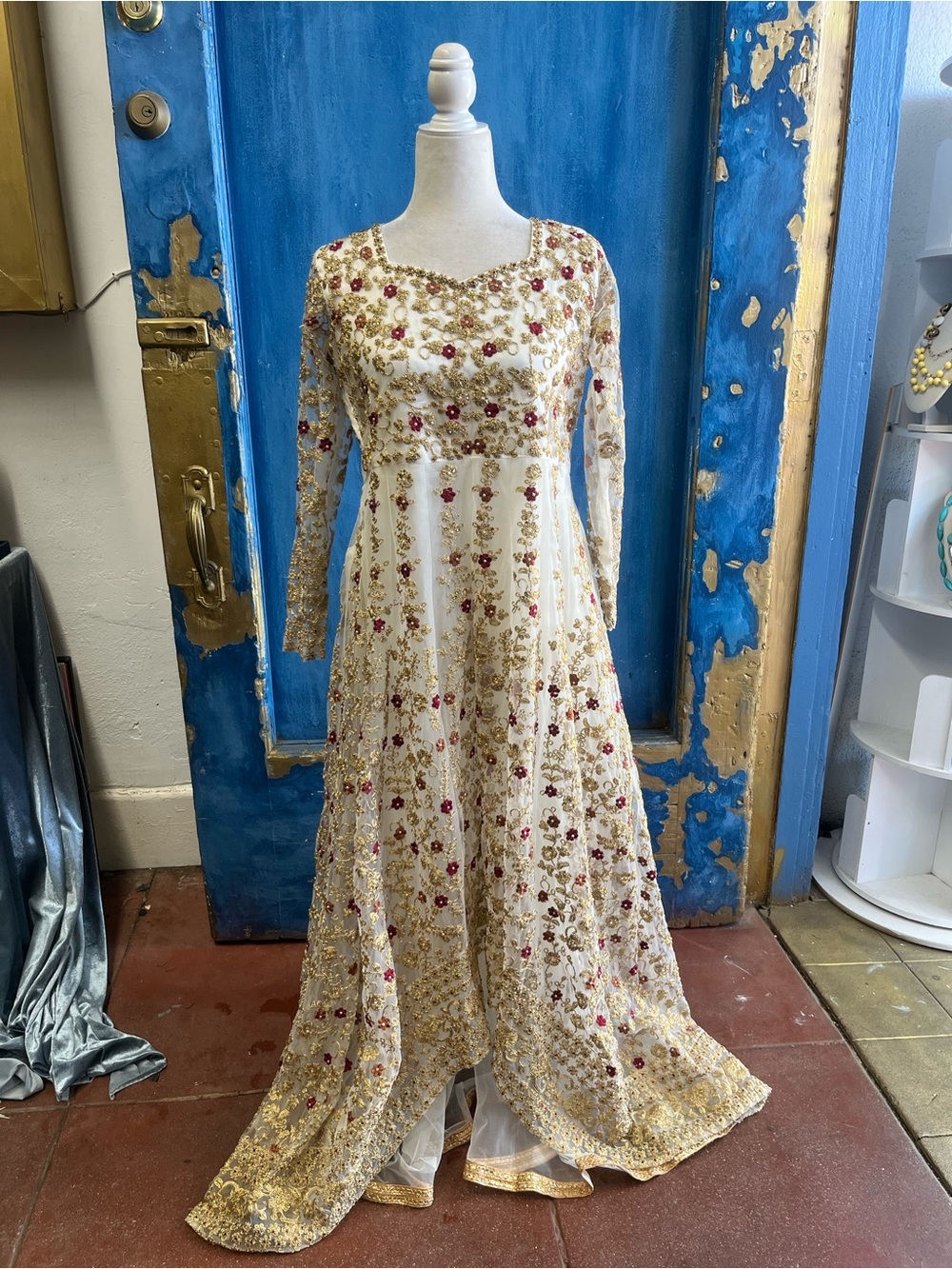 Ivory Maxi Dress with Gold Embroidery and Pink Floral Accents